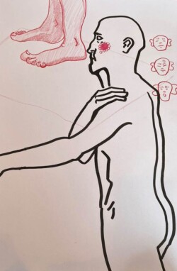 Fine liners and coloured pencil on paper